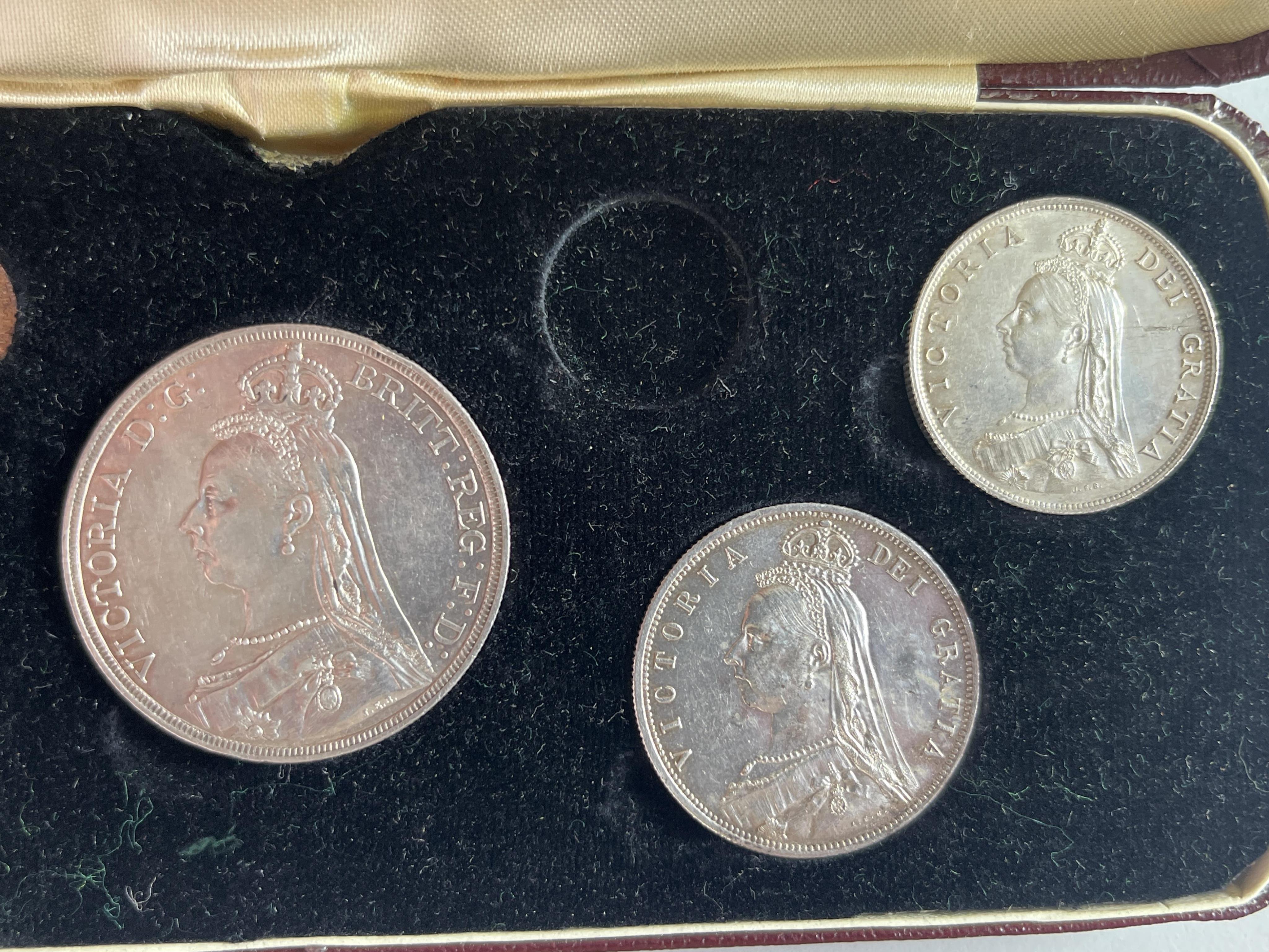 British silver coins, Victoria, 1887 Golden Jubilee specimen coin set, threepence to crown (sixpence lacking), near EF or better
